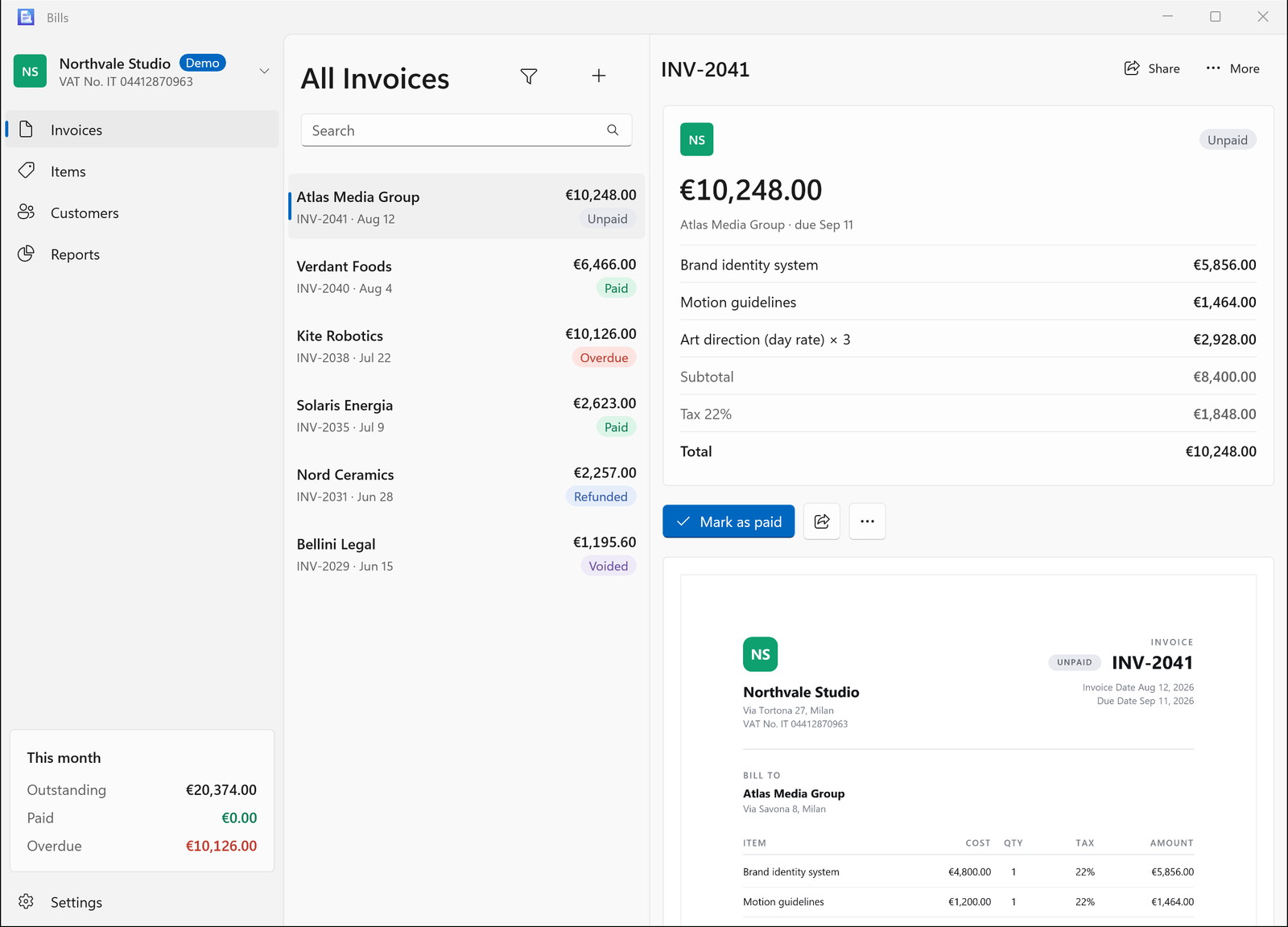 Bills for Windows showing an invoice for Atlas Media Group, its line items, total and invoice list.
