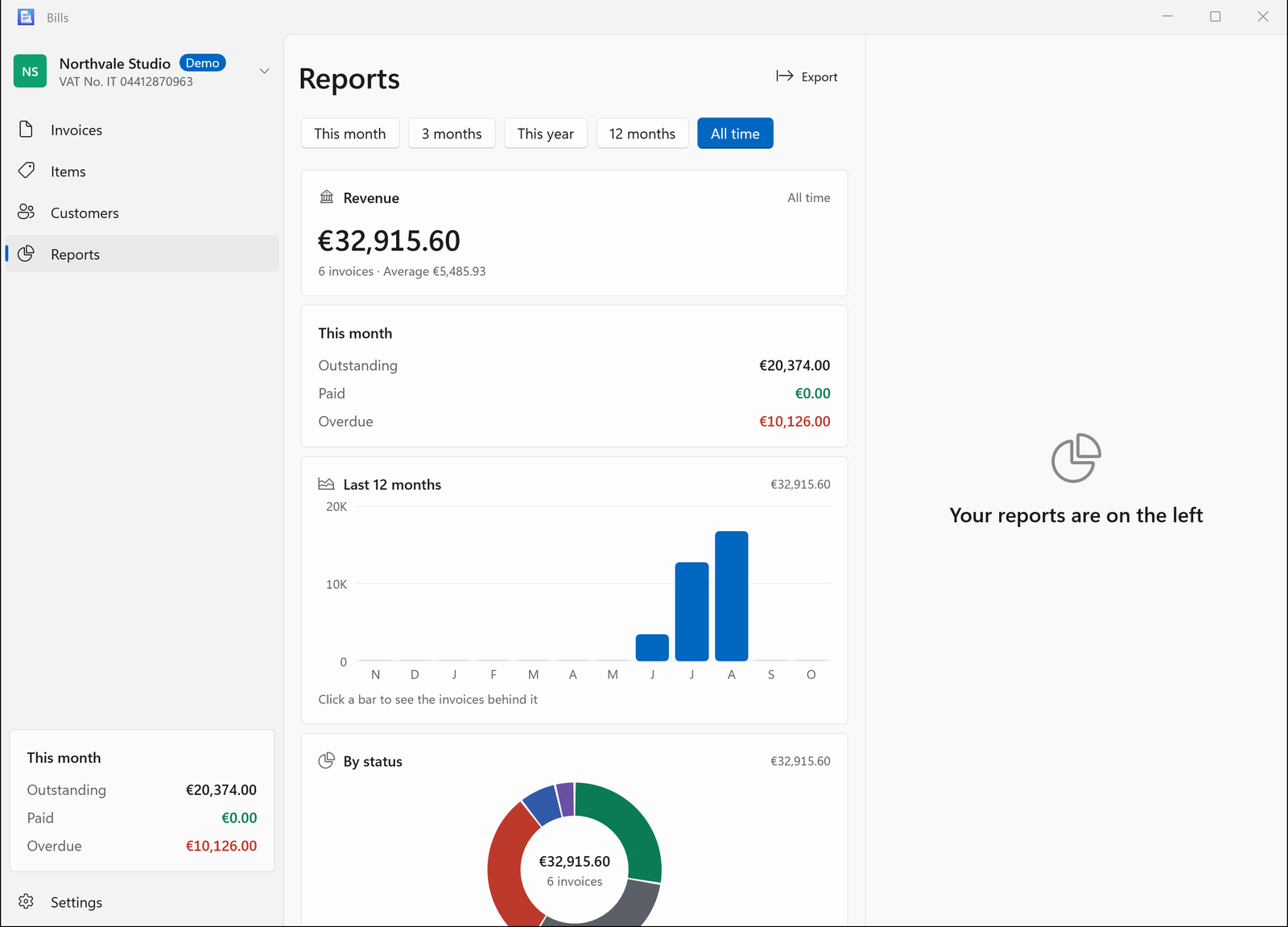 Bills reports dashboard showing revenue, a trend chart and an invoice status chart using sample records.