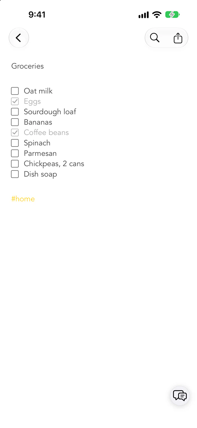 The Groceries checklist on an iPhone, with two items ticked and the #home tag.