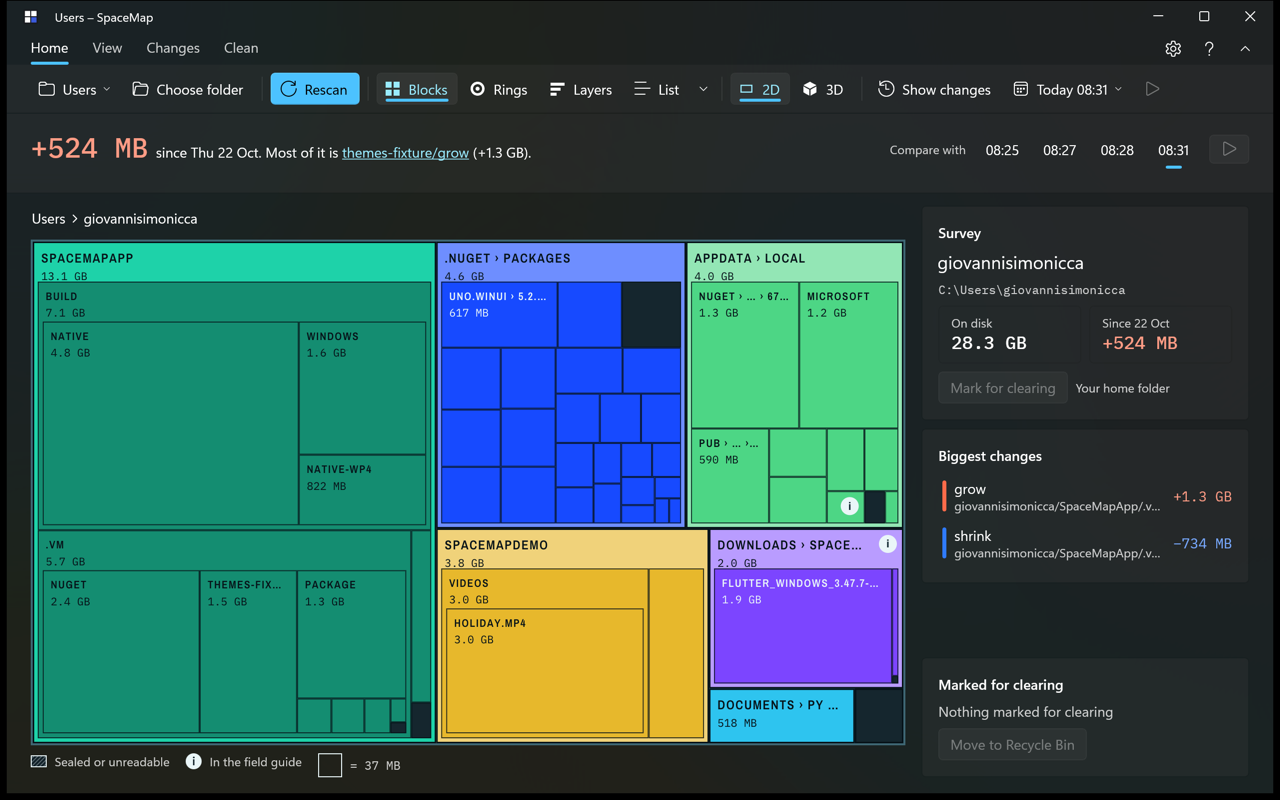 SpaceMap for Windows showing a coloured Blocks map, folder sizes and the biggest changes since a previous survey.